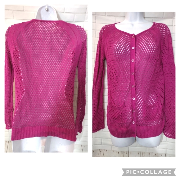 Magenta Pink Knit Crochet Open Weave Long Sleeve Cardigan Sweater - Picture 1 of 9